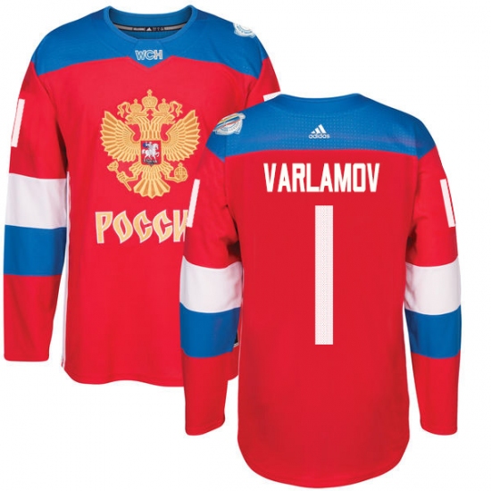 Men\'s Adidas Team Russia 1 Semyon Varlamov Authentic Red Away 2016 World Cup of Hockey Jersey