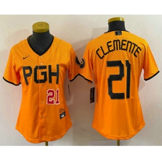 Women's Pittsburgh Pirates 21 Roberto Clemente Number Yellow 2023 City Connect Stitched Jersey1