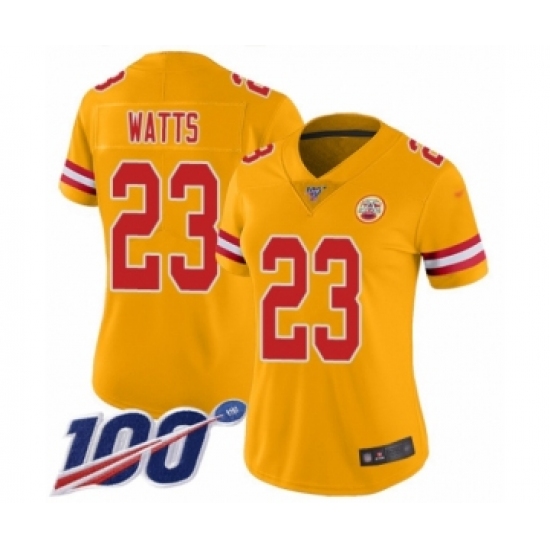 Women's Kansas City Chiefs 23 Armani Watts Limited Gold Inverted Legend 100th Season Football Jersey