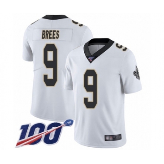 Men's New Orleans Saints 9 Drew Brees White Vapor Untouchable Limited Player 100th Season Football Jersey