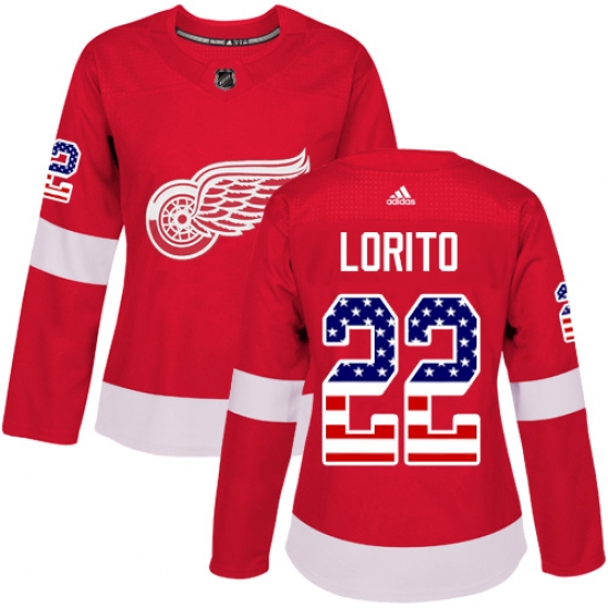 Women's Adidas Detroit Red Wings 22 Matthew Lorito Authentic Red USA Flag Fashion NHL Jersey