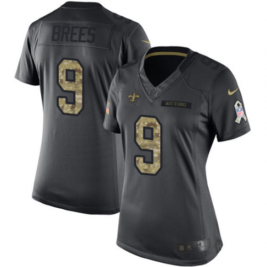 Women's Nike New Orleans Saints 9 Drew Brees Limited Black 2016 Salute to Service NFL Jersey