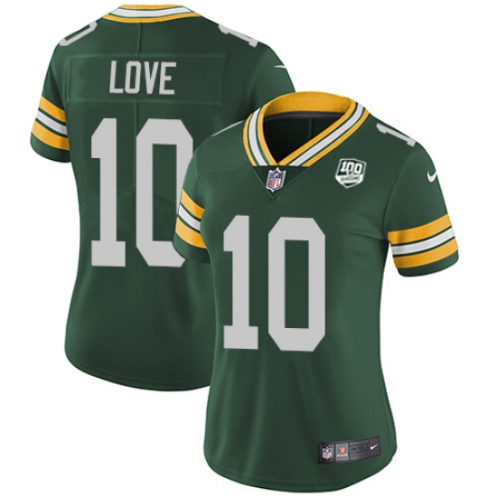 Women's Green Bay Packers 10 Jordan Love Green Team Color 100th Season Stitched NFL Vapor Untouchable Limited Jersey