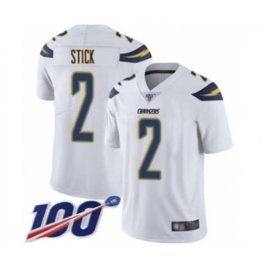 Men's Los Angeles Chargers 2 Easton Stick White Vapor Untouchable Limited Player 100th Season Football Jersey
