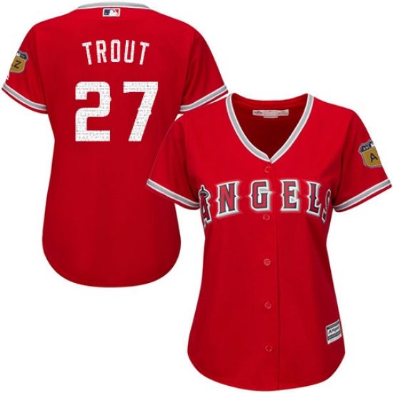 Women's Majestic Los Angeles Angels of Anaheim 27 Mike Trout Authentic Scarlet 2017 Spring Training Cool Base MLB Jersey