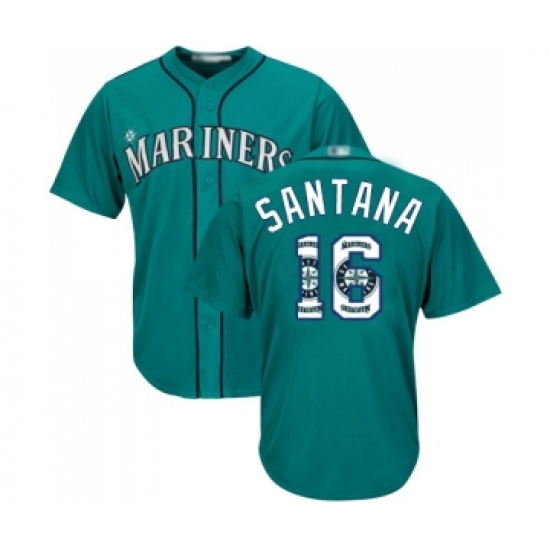 Men's Seattle Mariners 16 Domingo Santana Authentic Teal Green Team Logo Fashion Cool Base Baseball Jersey