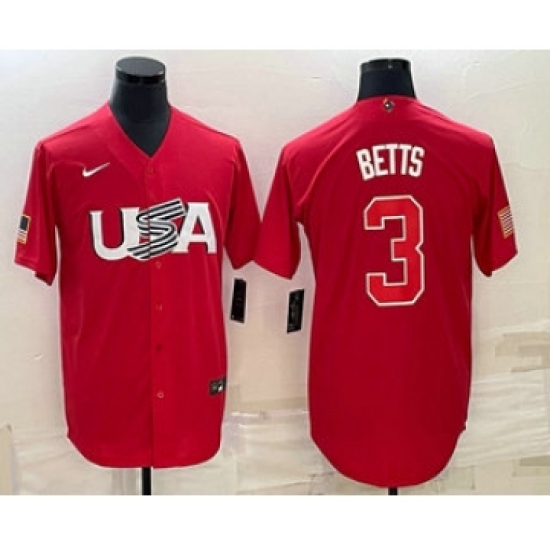 Men's USA Baseball 3 Mookie Betts 2023 Red World Classic Stitched Jerseys