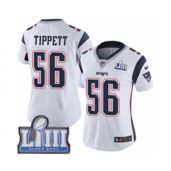 Women's Nike New England Patriots 56 Andre Tippett White Vapor Untouchable Limited Player Super Bowl LIII Bound NFL Jersey