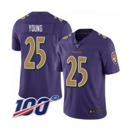 Men's Baltimore Ravens 25 Tavon Young Limited Purple Rush Vapor Untouchable 100th Season Football Jersey