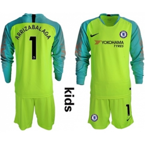 Chelsea 1 Arrizabalaga Shiny Green Goalkeeper Long Sleeves Kid Soccer Club Jersey
