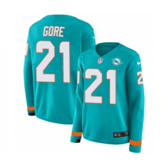 Women's Nike Miami Dolphins 21 Frank Gore Limited Aqua Therma Long Sleeve NFL Jersey