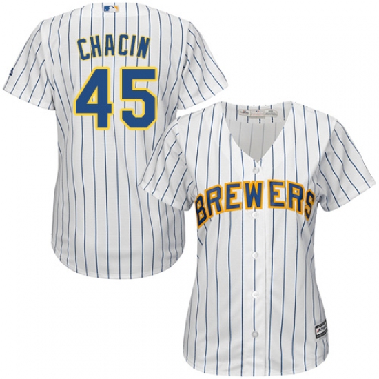 Women's Majestic Milwaukee Brewers 45 Jhoulys Chacin Authentic White Alternate Cool Base MLB Jersey