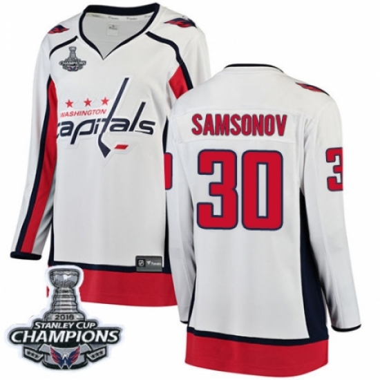 Women's Washington Capitals 30 Ilya Samsonov Fanatics Branded White Away Breakaway 2018 Stanley Cup Final Champions NHL Jersey