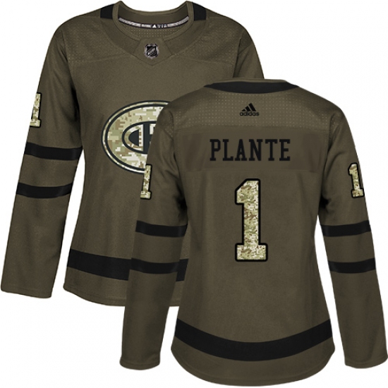 Women's Adidas Montreal Canadiens 1 Jacques Plante Authentic Green Salute to Service NHL Jersey