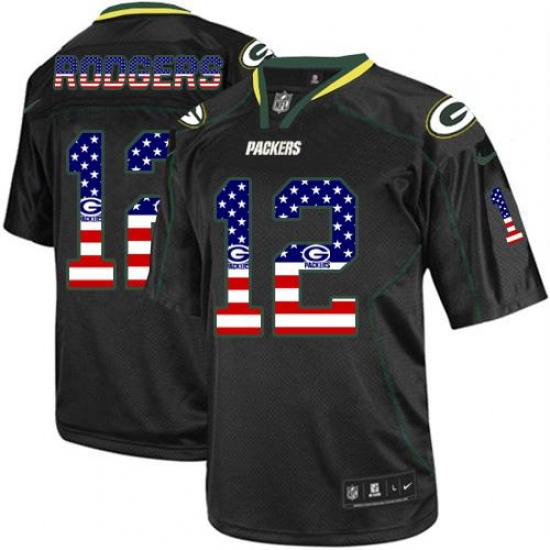 Men's Nike Green Bay Packers 12 Aaron Rodgers Elite Black USA Flag Fashion NFL Jersey