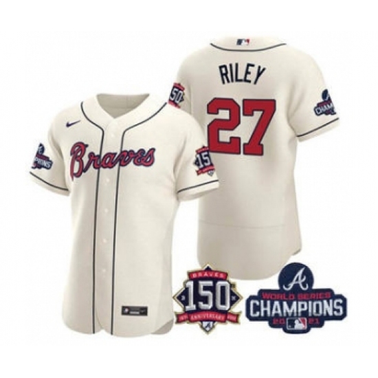 Men's Atlanta Braves 27 Austin Riley 2021 Cream World Series Champions With 150th Anniversary Flex Base Stitched Jersey