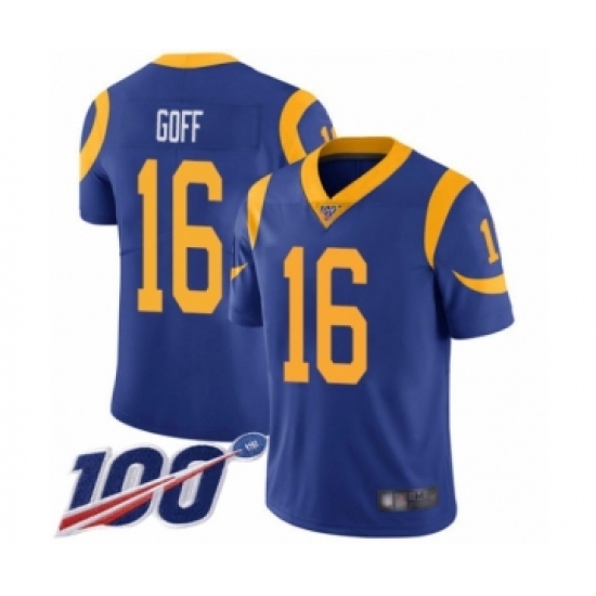 Men's Los Angeles Rams 16 Jared Goff Royal Blue Alternate Vapor Untouchable Limited Player 100th Season Football Jersey