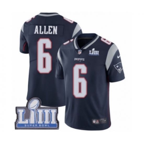 Men's Nike New England Patriots 6 Ryan Allen Navy Blue Team Color Vapor Untouchable Limited Player Super Bowl LIII Bound NFL Jersey