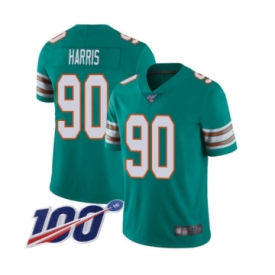 Men's Miami Dolphins 90 Charles Harris Aqua Green Alternate Vapor Untouchable Limited Player 100th Season Football Jersey