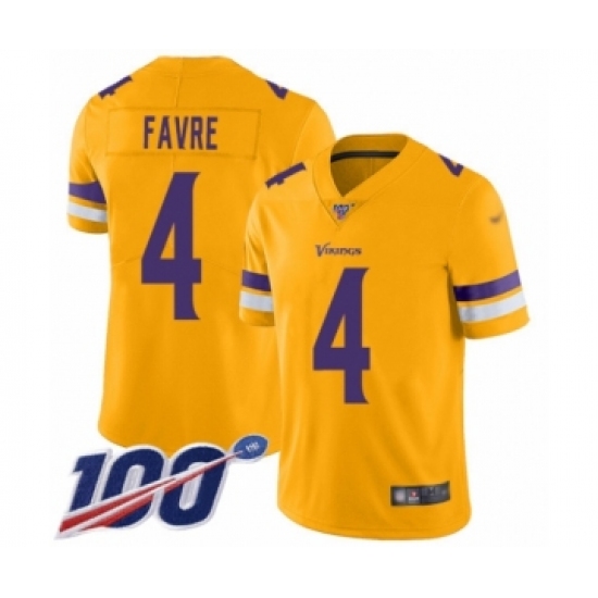 Youth Minnesota Vikings 4 Brett Favre Limited Gold Inverted Legend 100th Season Football Jersey