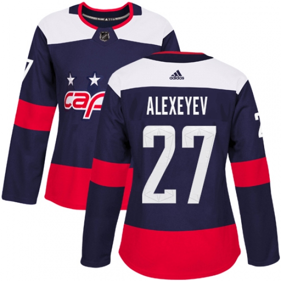 Women's Adidas Washington Capitals 27 Alexander Alexeyev Authentic Navy Blue 2018 Stadium Series NHL Jersey
