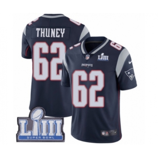 Men's Nike New England Patriots 62 Joe Thuney Navy Blue Team Color Vapor Untouchable Limited Player Super Bowl LIII Bound NFL Jersey