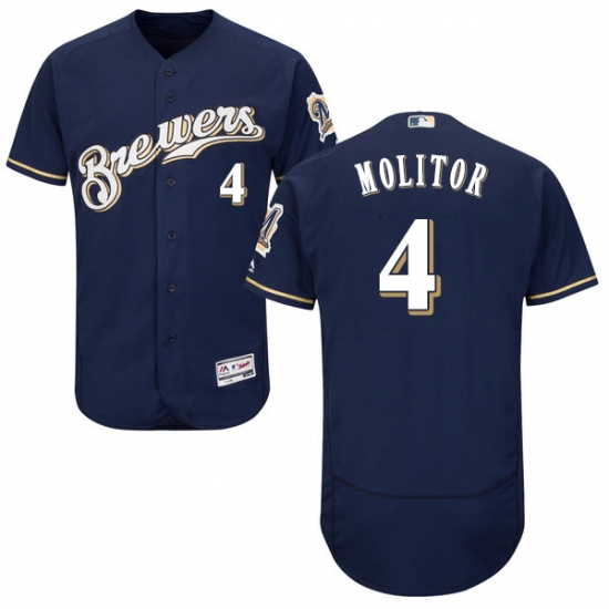 Men's Majestic Milwaukee Brewers 4 Paul Molitor Navy Blue Alternate Flex Base Authentic Collection MLB Jersey