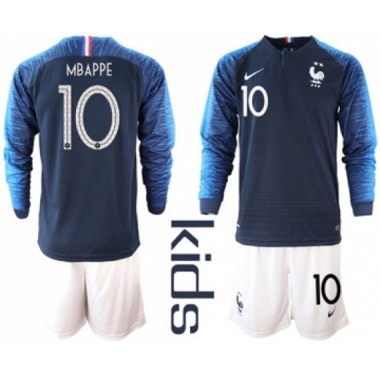 France 10 Mbappe Home Long Sleeves Kid Soccer Country Jersey