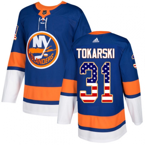 Men's Adidas New York Islanders 31 Dustin Tokarski Authentic Royal Blue USA Flag Fashion NHL Jersey