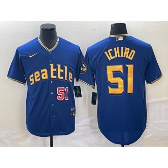Men's Seattle Mariners 51 Ichiro Suzuki Number Blue 2023 City Connect Cool Base Stitched Jersey1