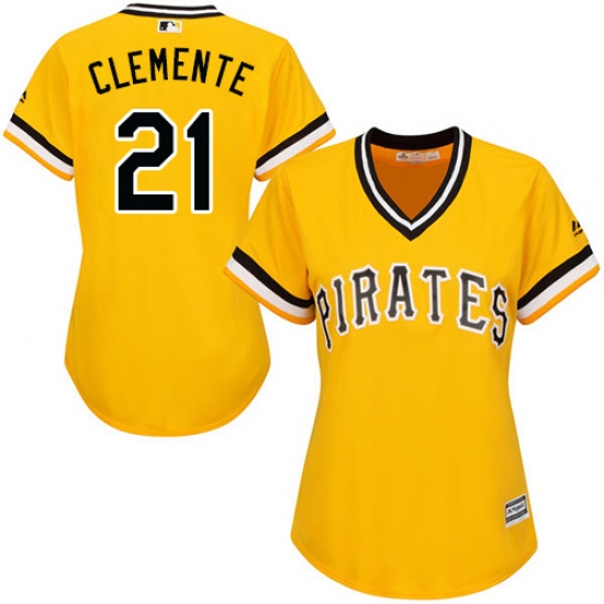Women's Majestic Pittsburgh Pirates 21 Roberto Clemente Replica Gold Alternate Cool Base MLB Jersey