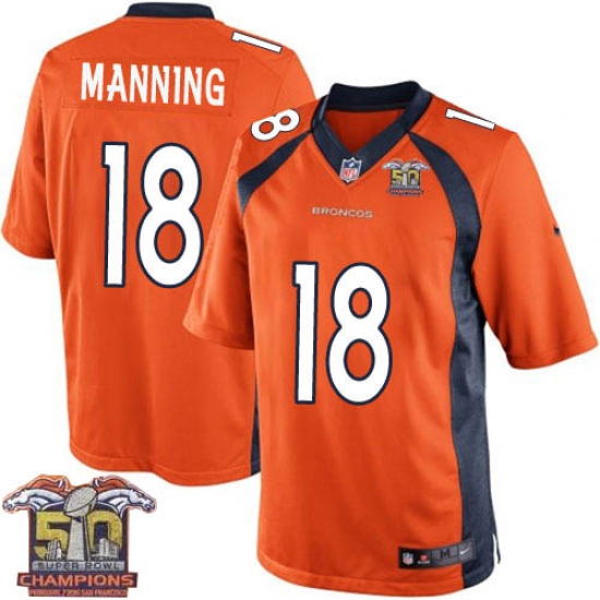 Youth Nike Denver Broncos 18 Peyton Manning Elite Orange Team Color Super Bowl 50 Champions NFL Jersey