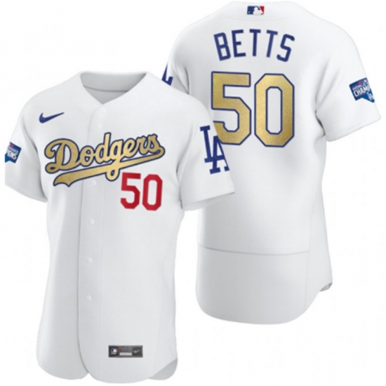 Men's Los Angeles Dodgers 50 Mookie Betts Olive Gold 2020 World Series Champions Authentic Jersey