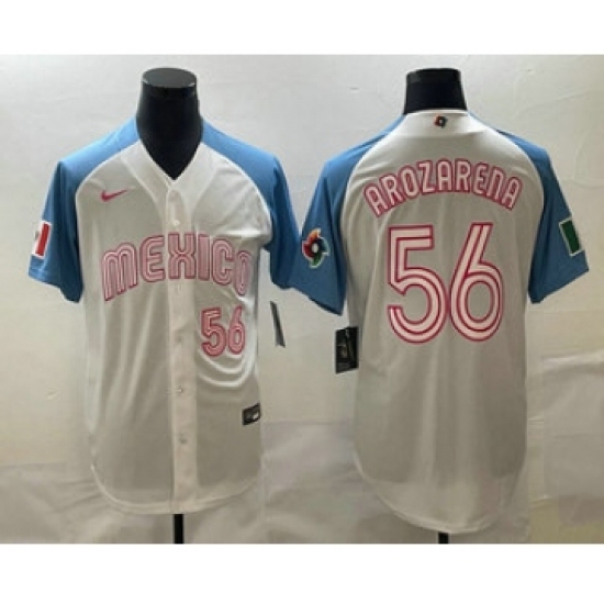 Men's Mexico Baseball 56 Randy Arozarena Number 2023 White Blue World Classic Stitched Jersey