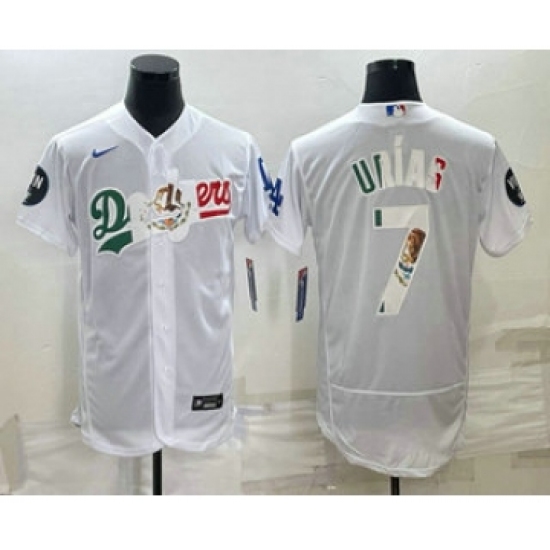 Men's Los Angeles Dodgers 7 Julio Urias White With Vin Scully Flex Base Stitched Baseball Jerseys