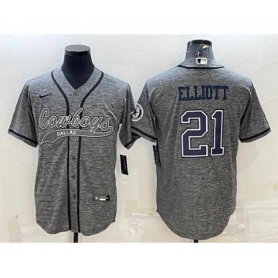 Men's Dallas Cowboys 21 Ezekiel Elliott Grey Gridiron With Patch Cool Base Stitched Baseball Jersey