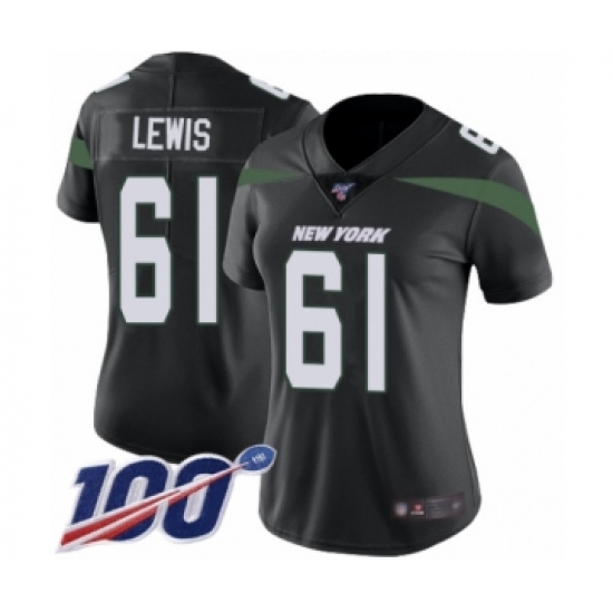 Women's New York Jets 61 Alex Lewis Black Alternate Vapor Untouchable Limited Player 100th Season Football Jersey