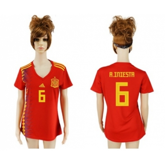 Women's Spain 6 A.Iniesta Red Home Soccer Country Jersey