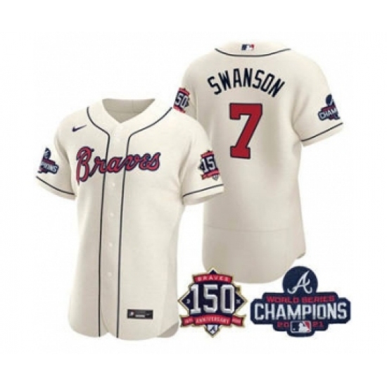 Men's Atlanta Braves 7 Dansby Swanson 2021 Cream World Series Champions With 150th Anniversary Flex Base Stitched Jersey