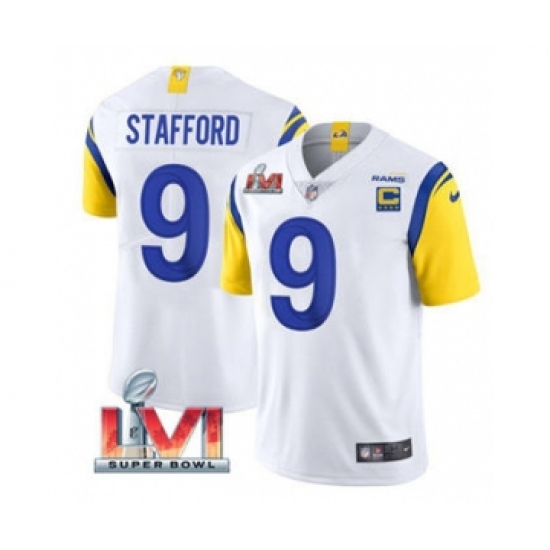 Men's Los Angeles Rams 9 Matthew Stafford White 2022 With C Patch Super Bowl LVI Vapor Limited Jersey