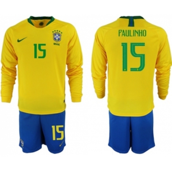 Brazil 15 Paulinho Home Long Sleeves Soccer Country Jersey