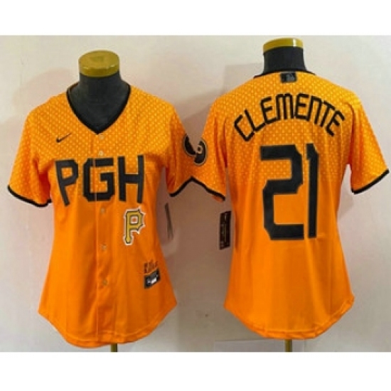 Women's Pittsburgh Pirates 21 Roberto Clemente Yellow 2023 City Connect Stitched Jersey1