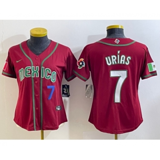Women's Mexico Baseball 7 Julio Urias Number 2023 Red World Baseball Classic Stitched Jersey3