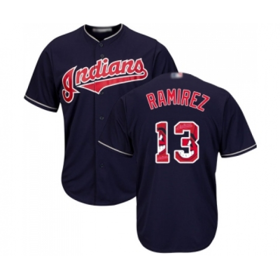 Men's Cleveland Indians 13 Hanley Ramirez Authentic Navy Blue Team Logo Fashion Cool Base Baseball Jersey