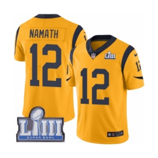 Youth Nike Los Angeles Rams 12 Joe Namath Limited Gold Rush Vapor Untouchable Super Bowl LIII Bound NFL Jersey