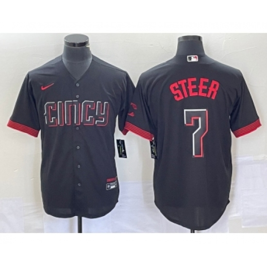 Men's Nike Cincinnati Reds 7 Spencer Steer Black 2023 City Connect Cool Base Stitched Baseball Jersey 1