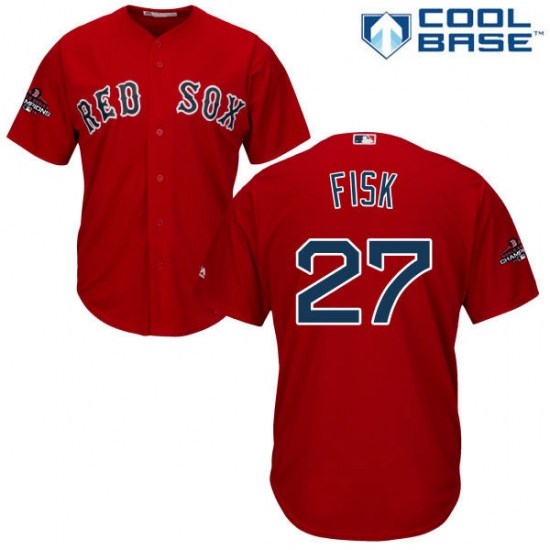 Youth Majestic Boston Red Sox 27 Carlton Fisk Authentic Red Alternate Home Cool Base 2018 World Series Champions MLB Jersey