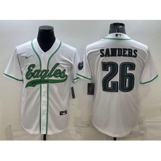 Men's Philadelphia Eagles 26 Miles Sanders White With Patch Cool Base Stitched Baseball Jersey