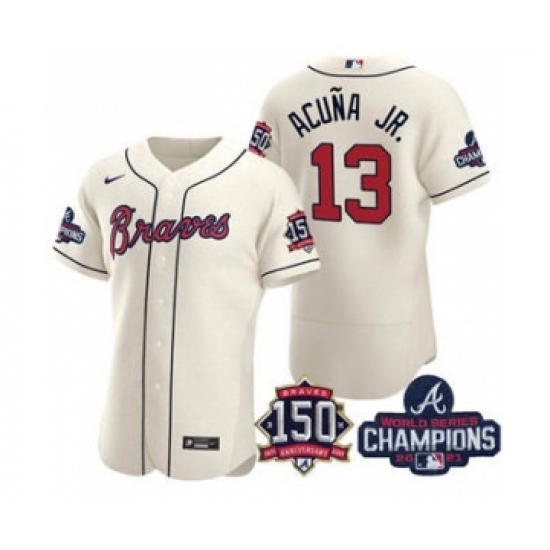 Men's Atlanta Braves 13 Ronald Acuna Jr. 2021 Cream World Series Champions With 150th Anniversary Flex Base Stitched Jersey