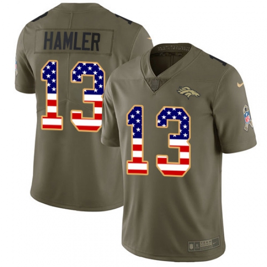 Men's Denver Broncos 13 KJ Hamler Olive USA Flag Stitched Limited 2017 Salute To Service Jersey